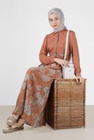 Tesettür giyim KAHVE ALVİNA ÇİÇEKLİ FERMUARLI ELBİSE T 41549