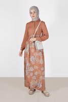 Tesettür giyim KAHVE ALVİNA ÇİÇEKLİ FERMUARLI ELBİSE T 41549