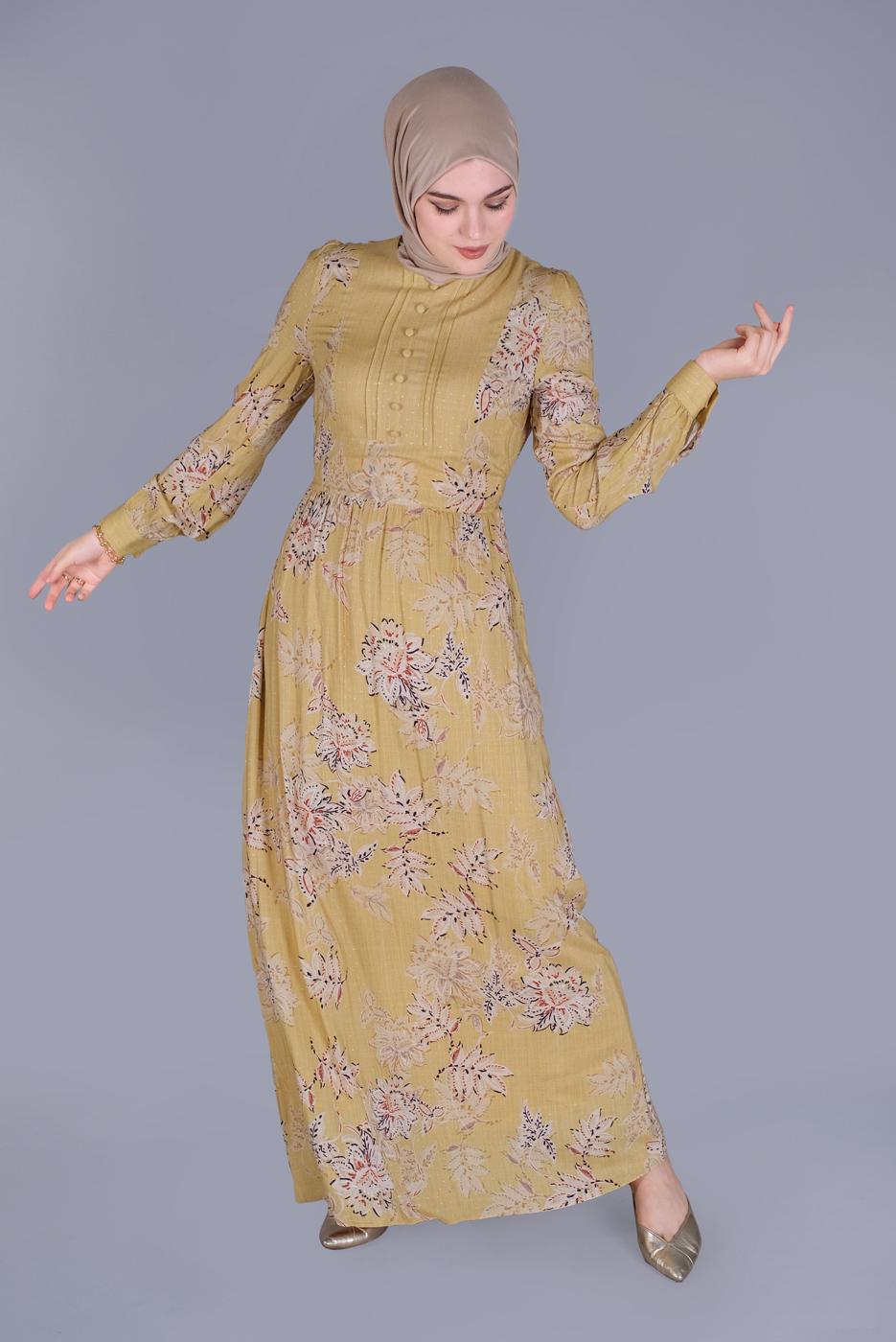 Tesettür giyim TURUNCU ALVİNA ÇİÇEK DESENLİ DÜĞMELİ KEMERLİ ELBİSE T 41550