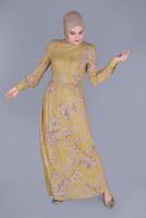 Tesettür giyim TURUNCU ALVİNA ÇİÇEK DESENLİ DÜĞMELİ KEMERLİ ELBİSE T 41550