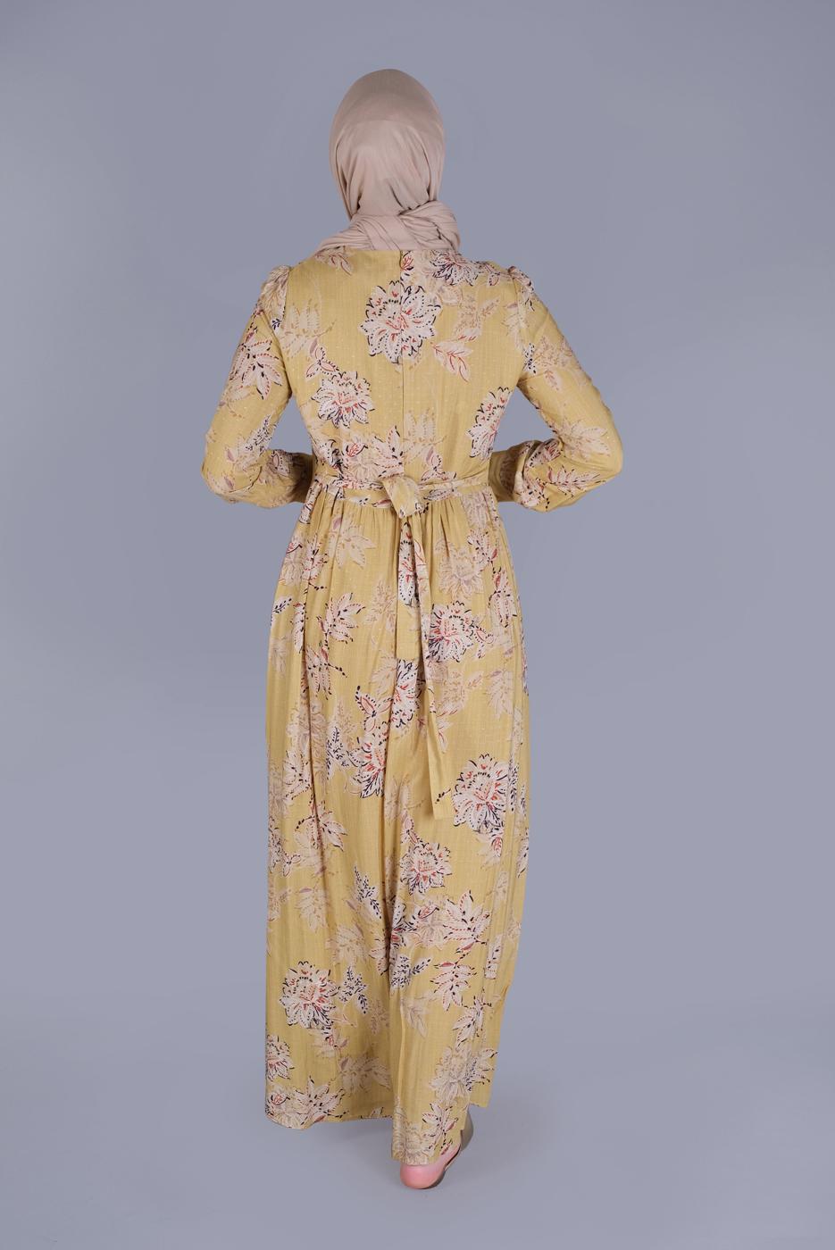 Tesettür giyim TURUNCU ALVİNA ÇİÇEK DESENLİ DÜĞMELİ KEMERLİ ELBİSE T 41550