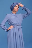 Tesettür giyim LACİVERT ALVİNA MANŞETLERİ LASTİKLİ YAKASI BÜZGÜLÜ ELBİSE T 41629