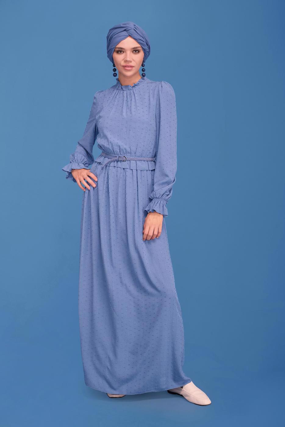 Tesettür giyim LACİVERT ALVİNA MANŞETLERİ LASTİKLİ YAKASI BÜZGÜLÜ ELBİSE T 41629