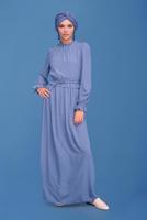 Tesettür giyim LACİVERT ALVİNA MANŞETLERİ LASTİKLİ YAKASI BÜZGÜLÜ ELBİSE T 41629