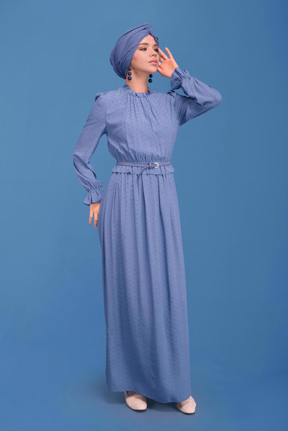 Tesettür giyim LACİVERT ALVİNA MANŞETLERİ LASTİKLİ YAKASI BÜZGÜLÜ ELBİSE T 41629