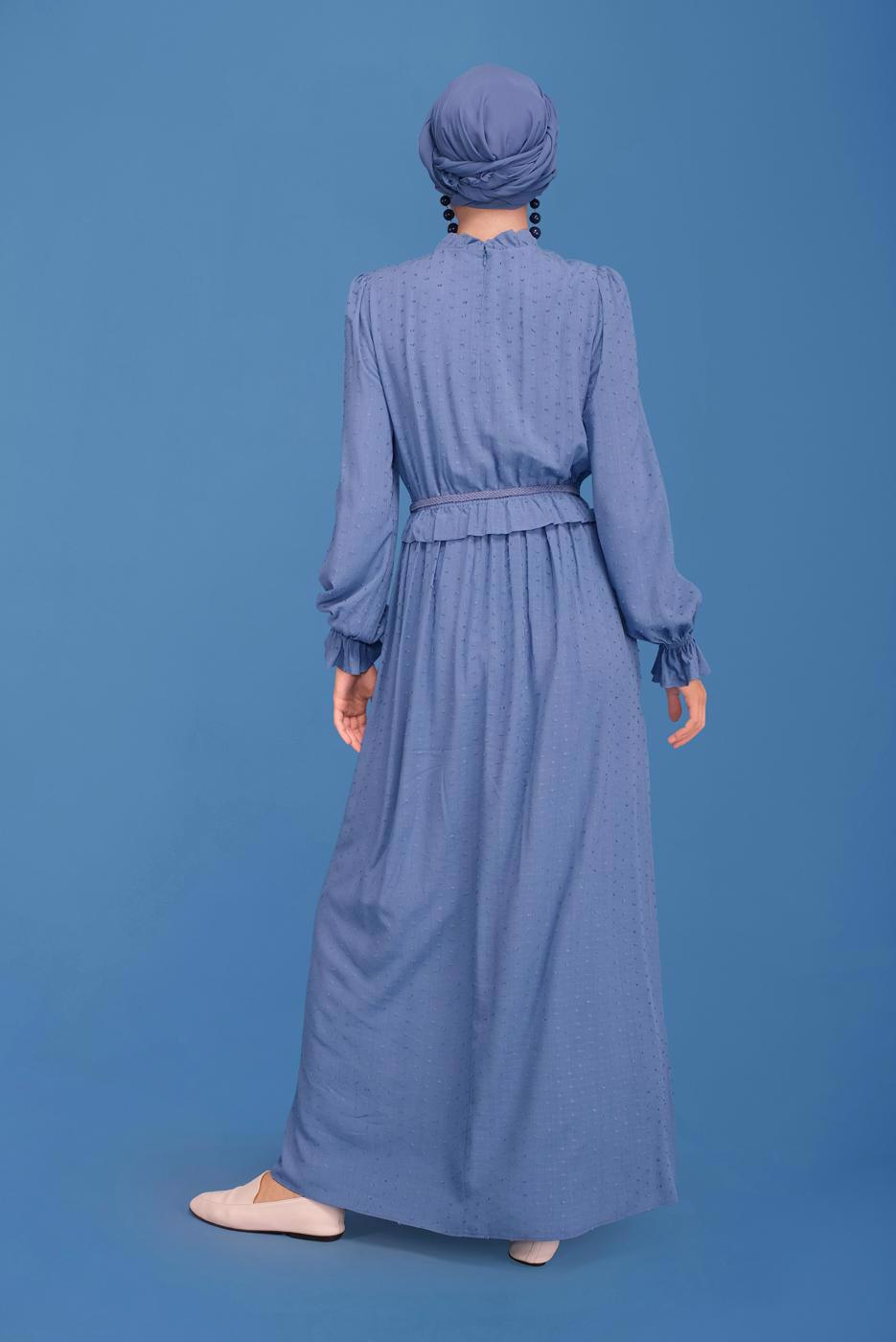 Tesettür giyim LACİVERT ALVİNA MANŞETLERİ LASTİKLİ YAKASI BÜZGÜLÜ ELBİSE T 41629