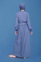 Tesettür giyim LACİVERT ALVİNA MANŞETLERİ LASTİKLİ YAKASI BÜZGÜLÜ ELBİSE T 41629