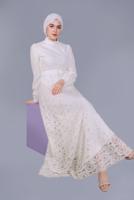 Tesettür giyim EKRU ALVİNA DANTELLİ YUVARLAK YAKA ELBİSE T 41662