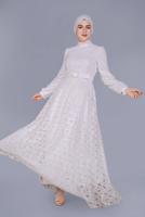 Tesettür giyim EKRU ALVİNA DANTELLİ YUVARLAK YAKA ELBİSE T 41662