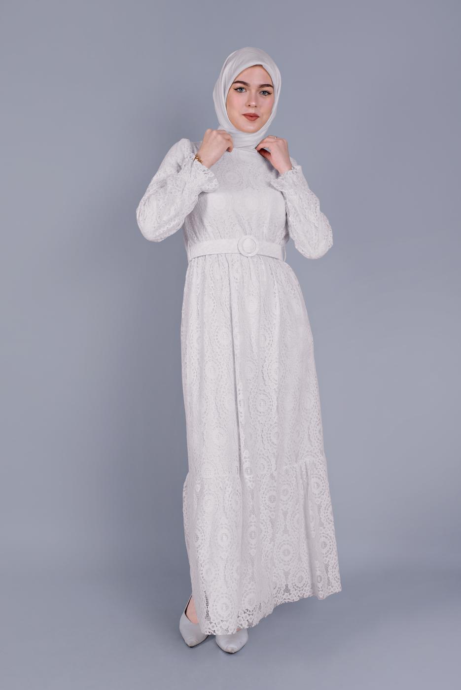 Tesettür giyim EKRU ALVİNA DANTEL DETAYLI ELBİSE T 41663