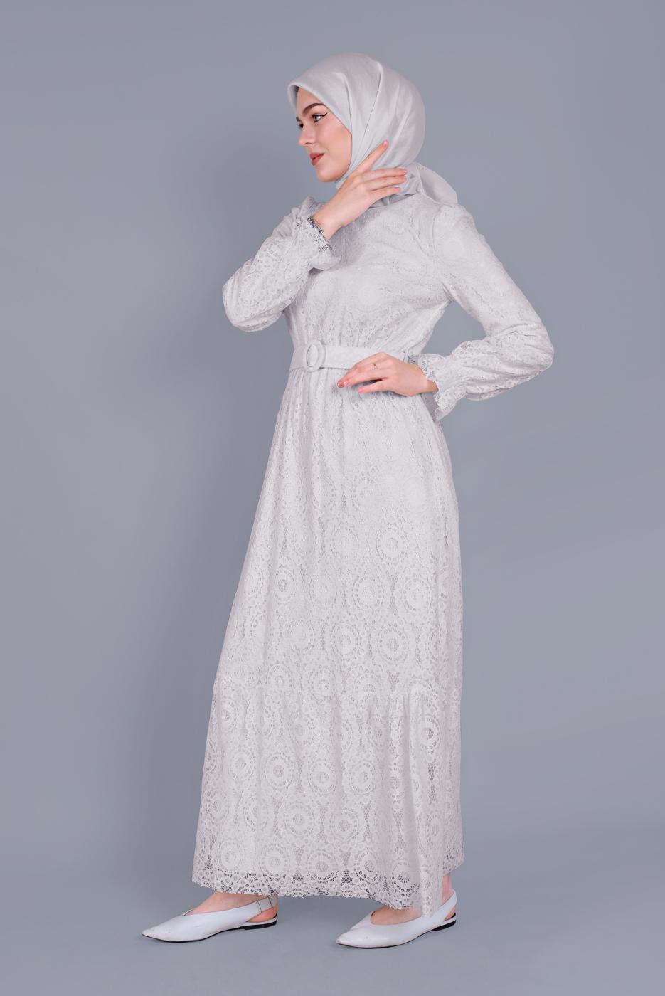 Tesettür giyim EKRU ALVİNA DANTEL DETAYLI ELBİSE T 41663