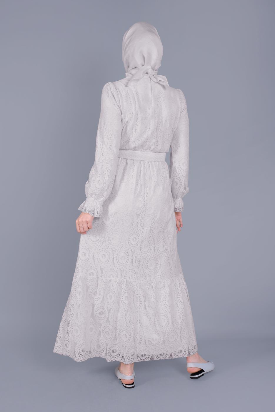 Tesettür giyim EKRU ALVİNA DANTEL DETAYLI ELBİSE T 41663