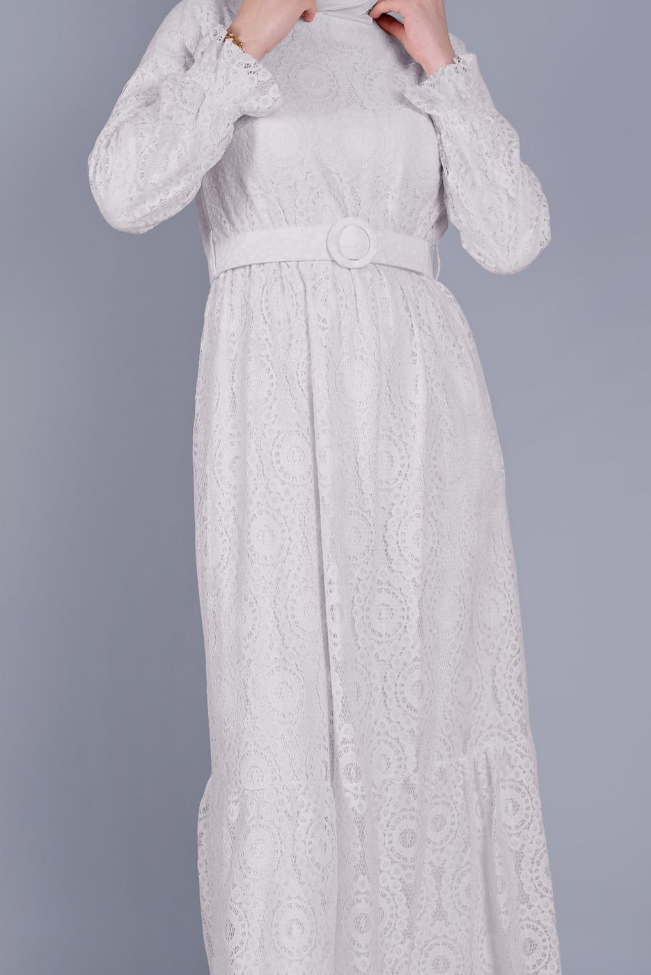 Tesettür giyim EKRU ALVİNA DANTEL DETAYLI ELBİSE T 41663