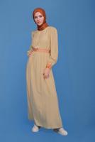 Tesettür giyim BEJ ALVİNA BİSİKLET YAKA KOLLARI NAKIŞLI ELBİSE T 41697
