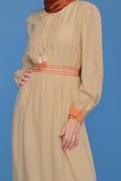 Tesettür giyim BEJ ALVİNA BİSİKLET YAKA KOLLARI NAKIŞLI ELBİSE T 41697