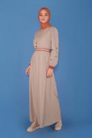 Tesettür giyim BEJ ALVİNA BİSİKLET YAKA KOLLARI NAKIŞLI ELBİSE T 41697