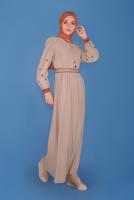 Tesettür giyim BEJ ALVİNA BİSİKLET YAKA KOLLARI NAKIŞLI ELBİSE T 41697