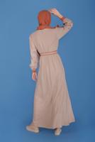 Tesettür giyim BEJ ALVİNA BİSİKLET YAKA KOLLARI NAKIŞLI ELBİSE T 41697