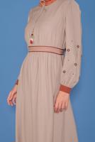 Tesettür giyim BEJ ALVİNA BİSİKLET YAKA KOLLARI NAKIŞLI ELBİSE T 41697