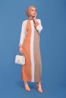 Tesettür giyim TURUNCU ALVİNA RENK BLOKLU BİSİKLET YAKA ELBİSE T 41771