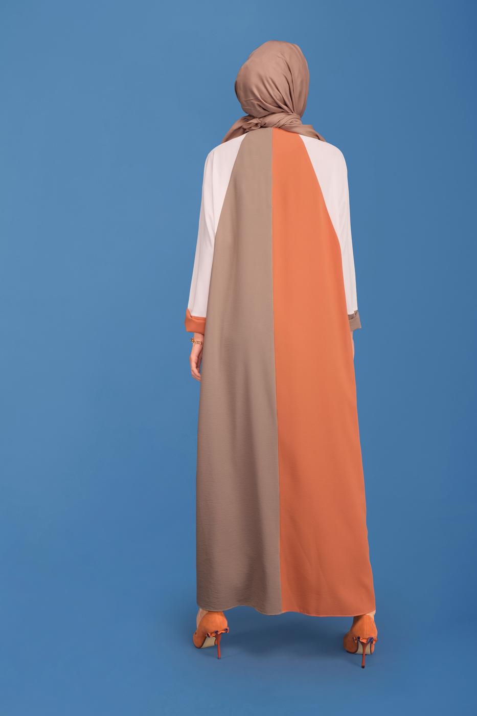 Tesettür giyim TURUNCU ALVİNA RENK BLOKLU BİSİKLET YAKA ELBİSE T 41771