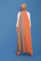 Tesettür giyim TURUNCU ALVİNA RENK BLOKLU BİSİKLET YAKA ELBİSE T 41771