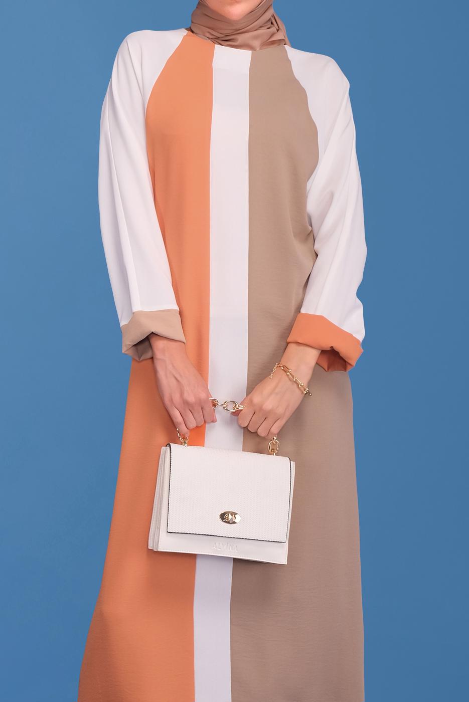 Tesettür giyim TURUNCU ALVİNA RENK BLOKLU BİSİKLET YAKA ELBİSE T 41771