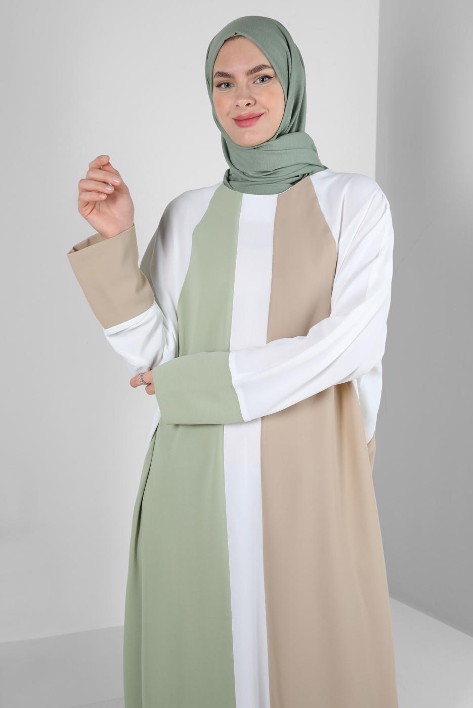 Tesettür giyim YEŞİL ALVİNA RENK BLOKLU BİSİKLET YAKA ELBİSE T 41771