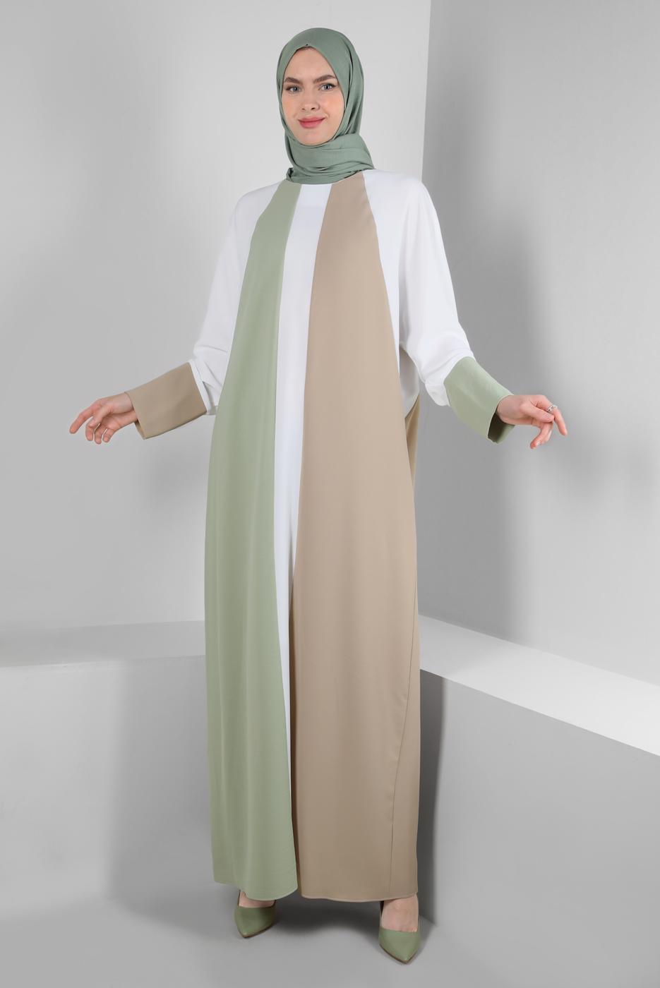 Tesettür giyim YEŞİL ALVİNA RENK BLOKLU BİSİKLET YAKA ELBİSE T 41771
