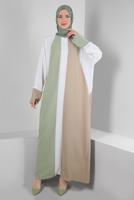 Tesettür giyim YEŞİL ALVİNA RENK BLOKLU BİSİKLET YAKA ELBİSE T 41771