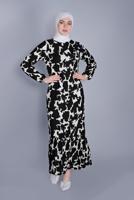 Tesettür giyim SİYAH DESENLİ ETEK UCU VOLANLI ELBİSE 4276