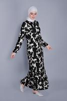 Tesettür giyim SİYAH DESENLİ ETEK UCU VOLANLI ELBİSE 4276