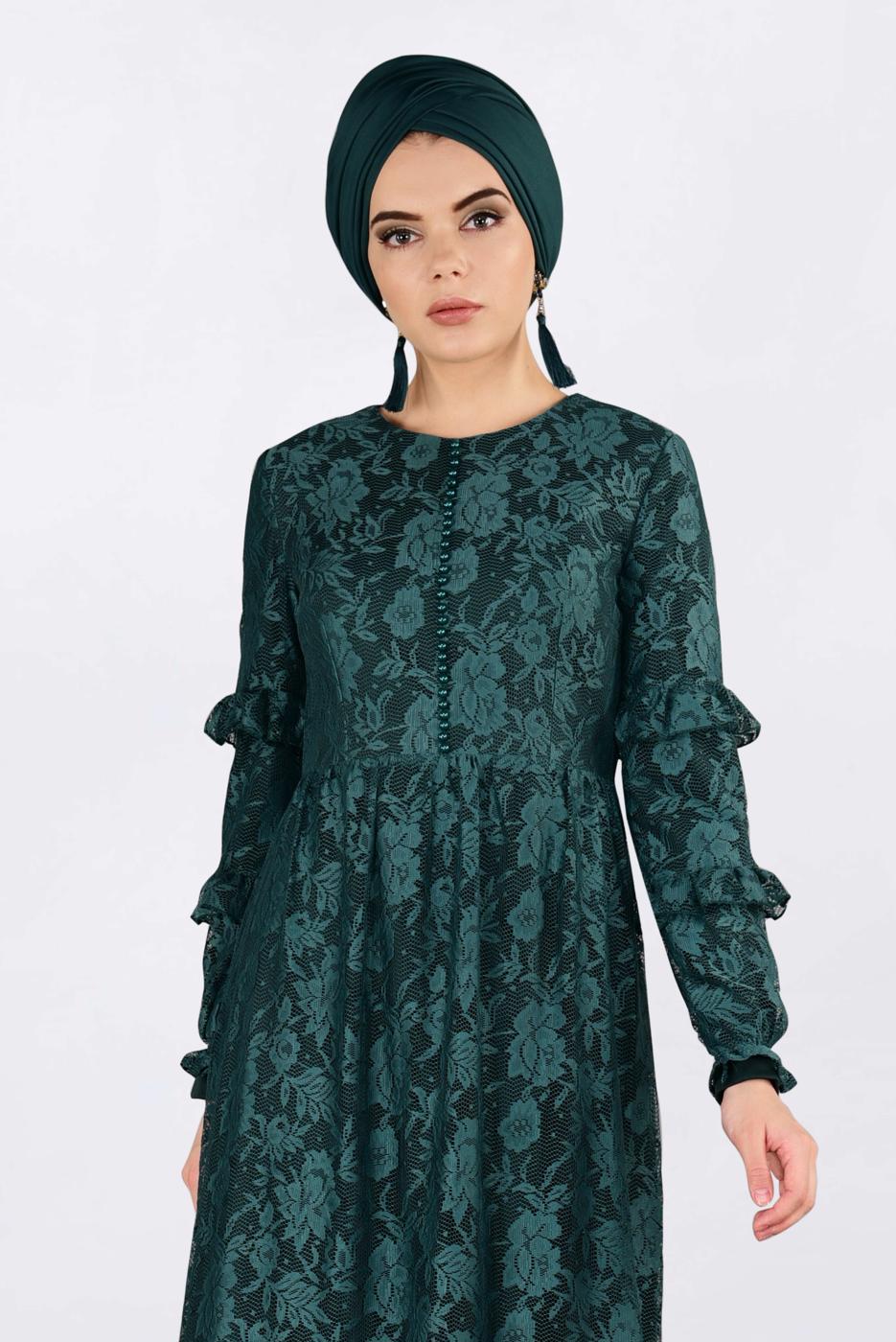 Tesettür giyim YEŞİL ALVİNA ETEK UCU VOLANLI DANTELLİ ELBİSE 4356