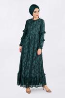 Tesettür giyim YEŞİL ALVİNA ETEK UCU VOLANLI DANTELLİ ELBİSE 4356