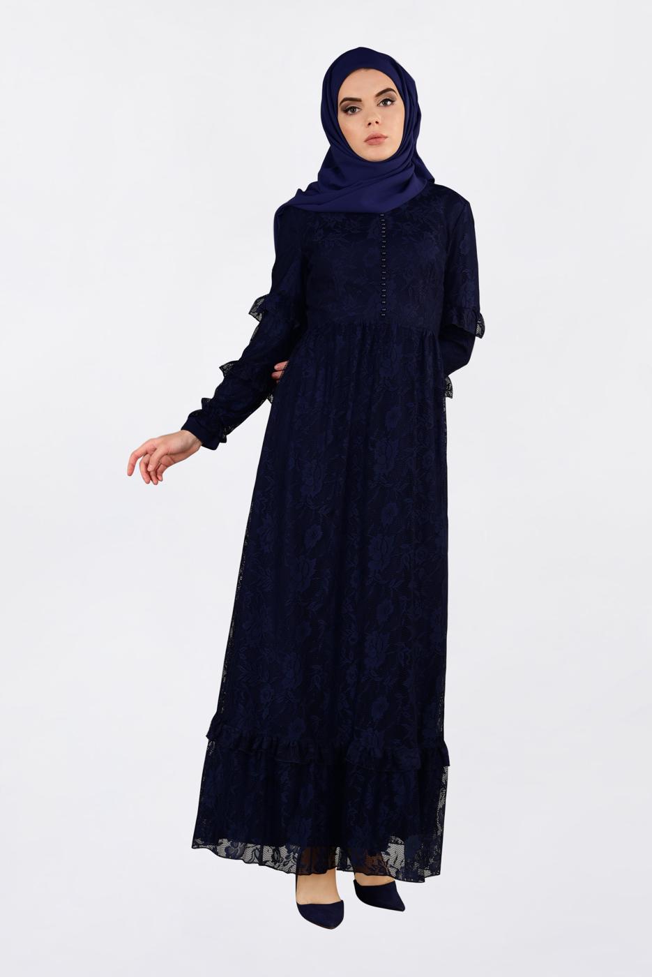 Tesettür giyim LACİVERT ALVİNA ETEK UCU VOLANLI DANTELLİ ELBİSE 4356