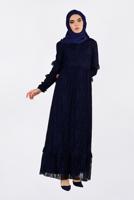 Tesettür giyim LACİVERT ALVİNA ETEK UCU VOLANLI DANTELLİ ELBİSE 4356
