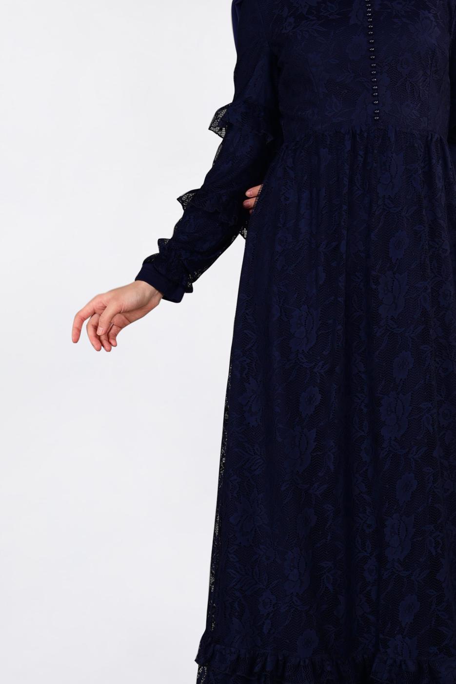 Tesettür giyim LACİVERT ALVİNA ETEK UCU VOLANLI DANTELLİ ELBİSE 4356