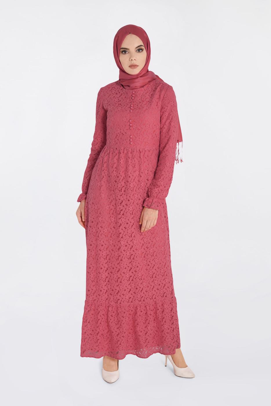 Tesettür giyim MERCAN ALVİNA YUVARLAK YAKA DANTELLİ ELBİSE 4390