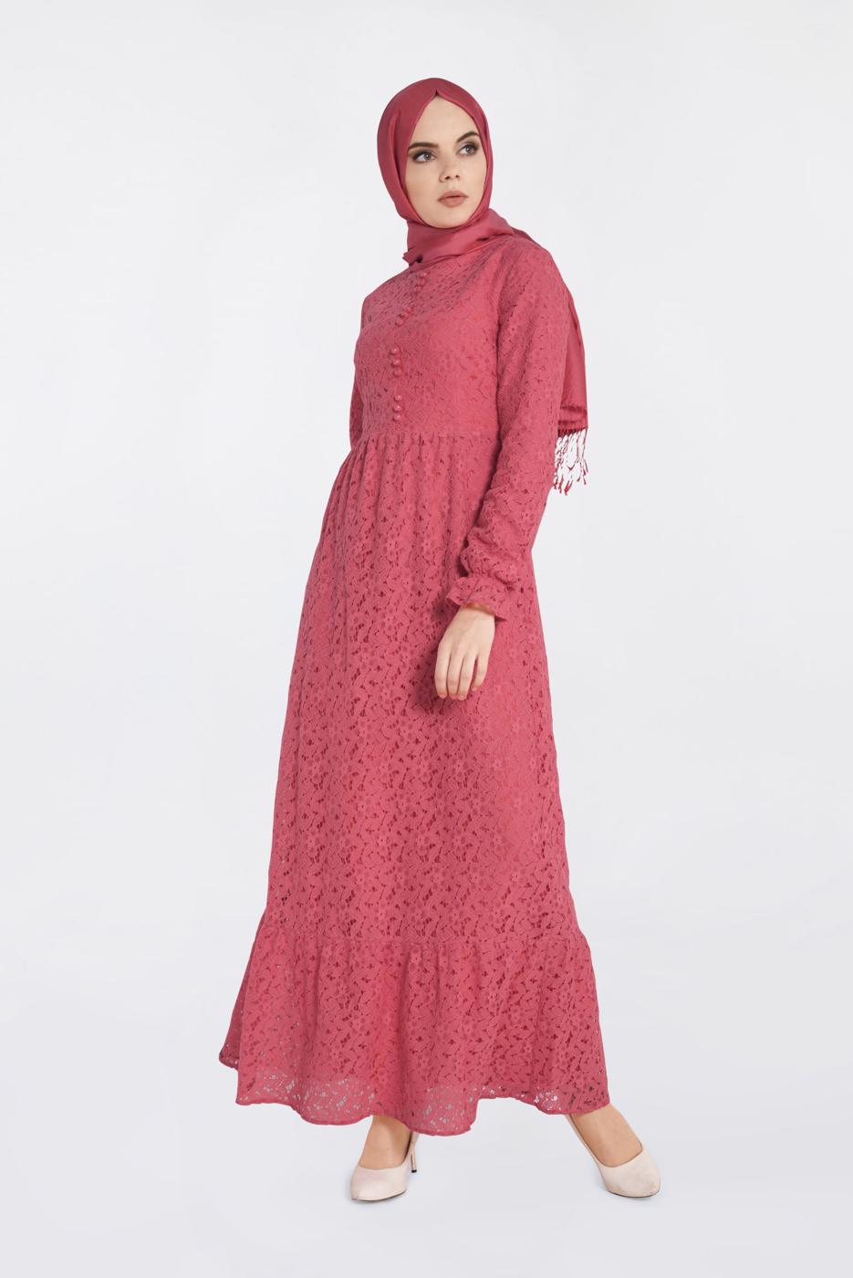 Tesettür giyim MERCAN ALVİNA YUVARLAK YAKA DANTELLİ ELBİSE 4390