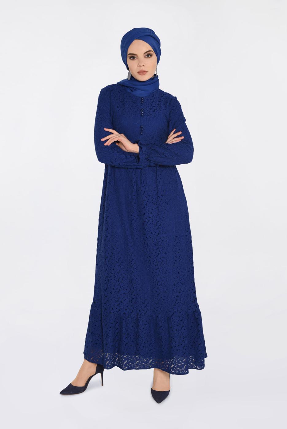 Tesettür giyim LACİVERT ALVİNA YUVARLAK YAKA DANTELLİ ELBİSE 4390