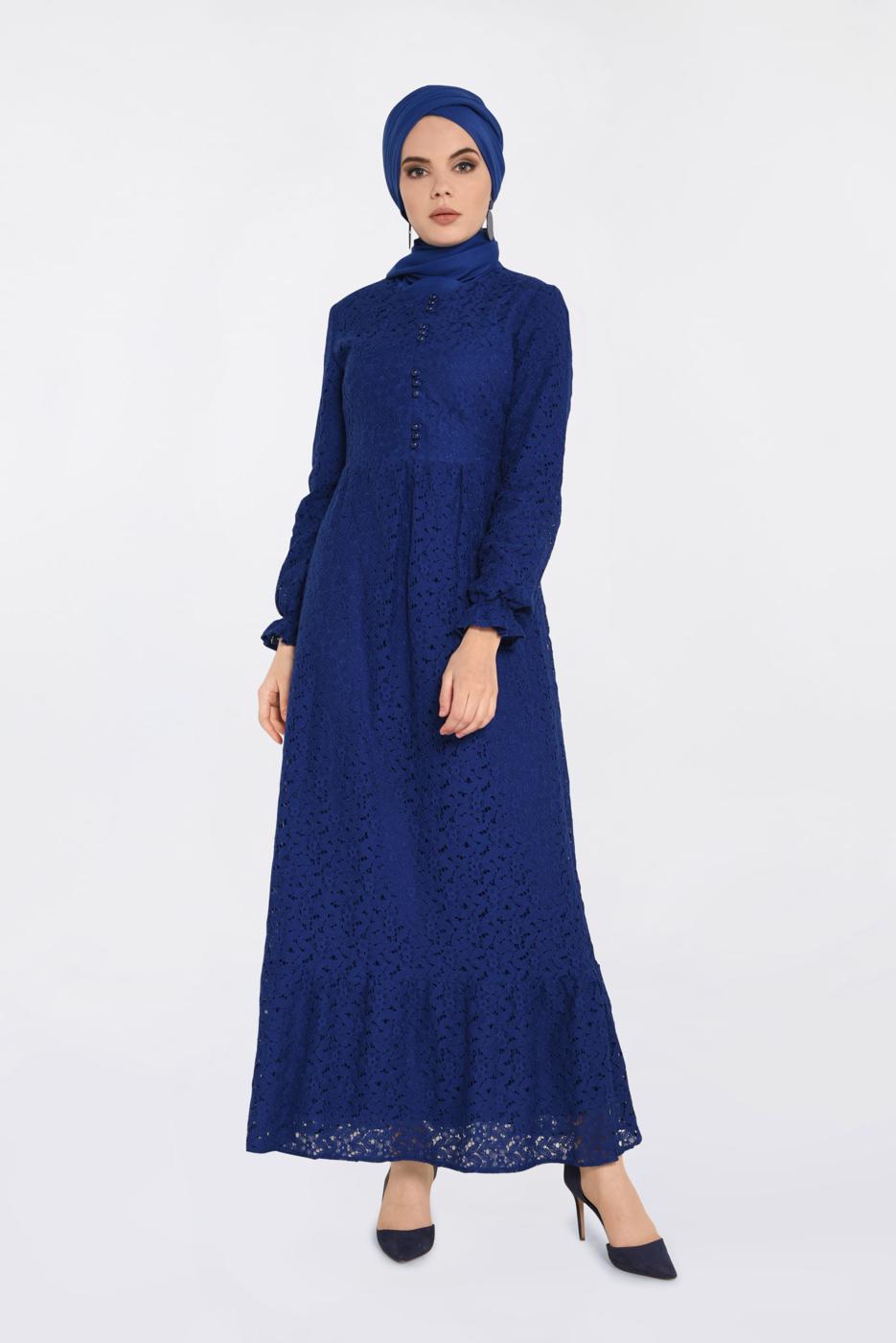 Tesettür giyim LACİVERT ALVİNA YUVARLAK YAKA DANTELLİ ELBİSE 4390