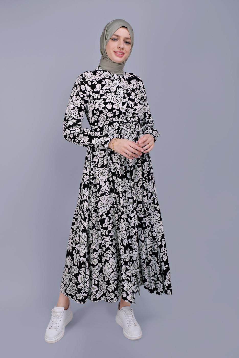 Hijab clothing BLACK FLORAL PATTERN DRESS 4412 