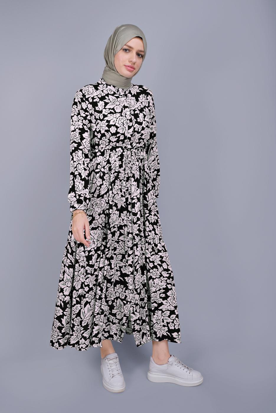 Hijab clothing BLACK FLORAL PATTERN DRESS 4412 