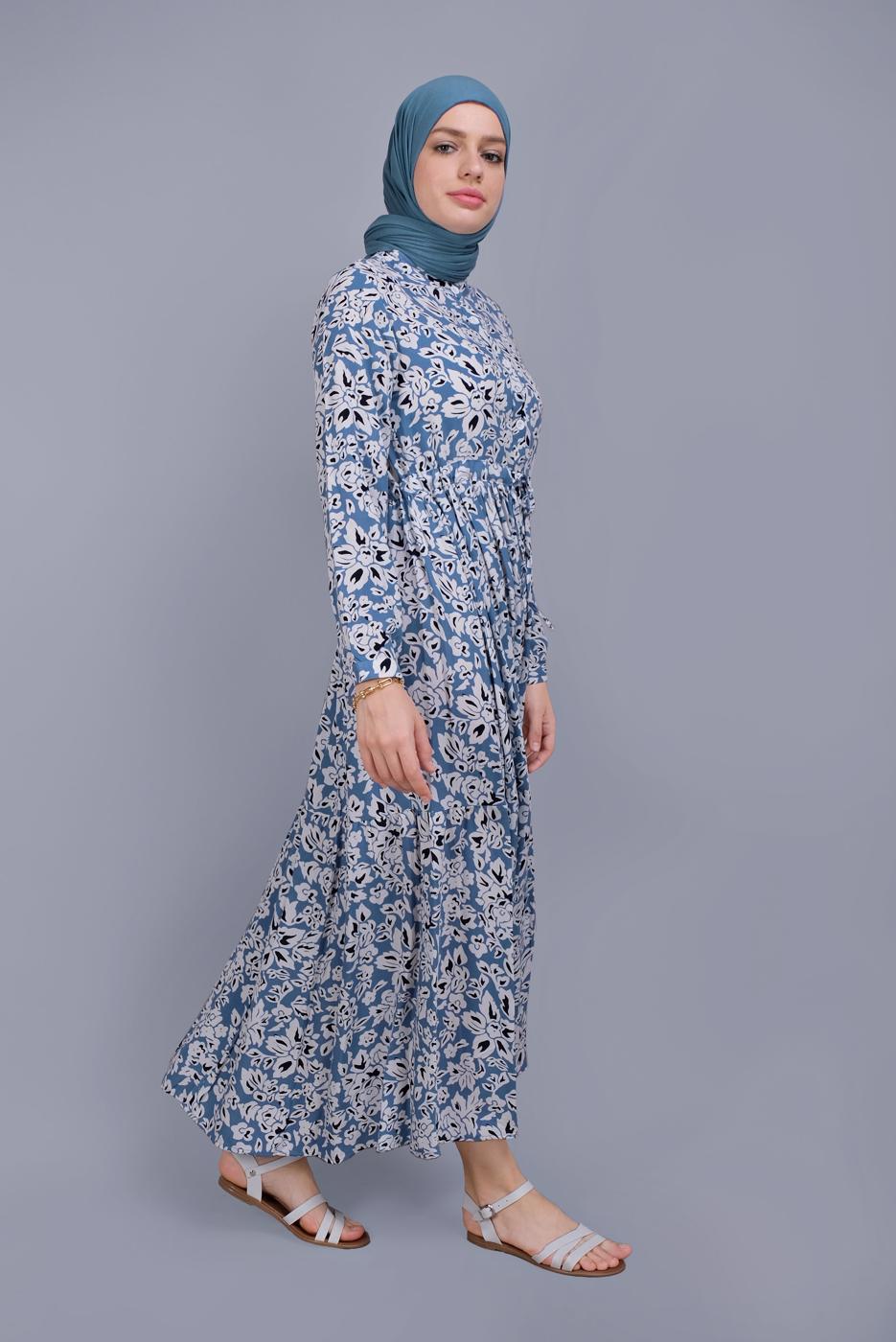 Hijab clothing BLUE FLORAL PATTERN DRESS 4412 