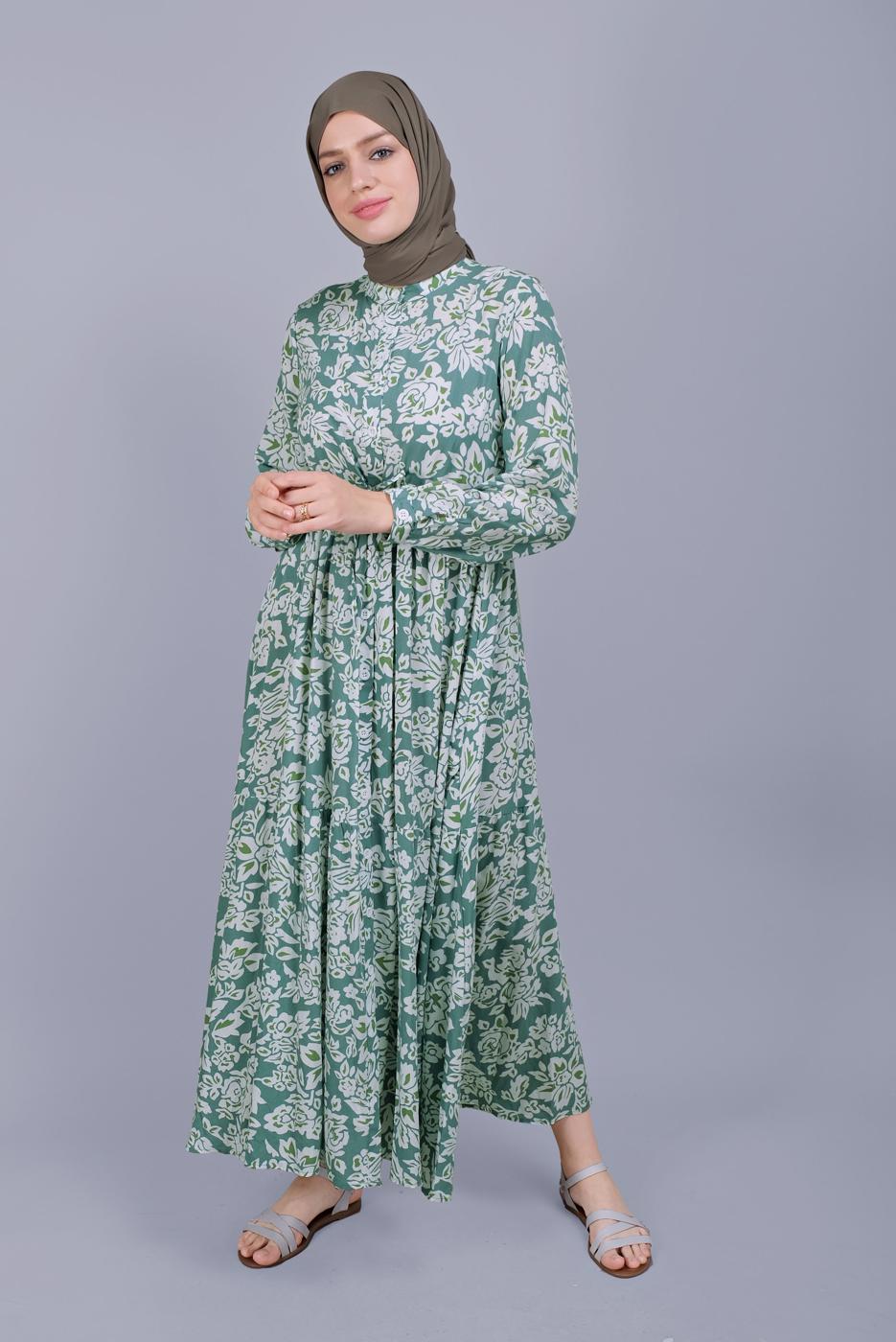 Vêtements hijab VERT ROBE MOTIF FLORAL  4412 