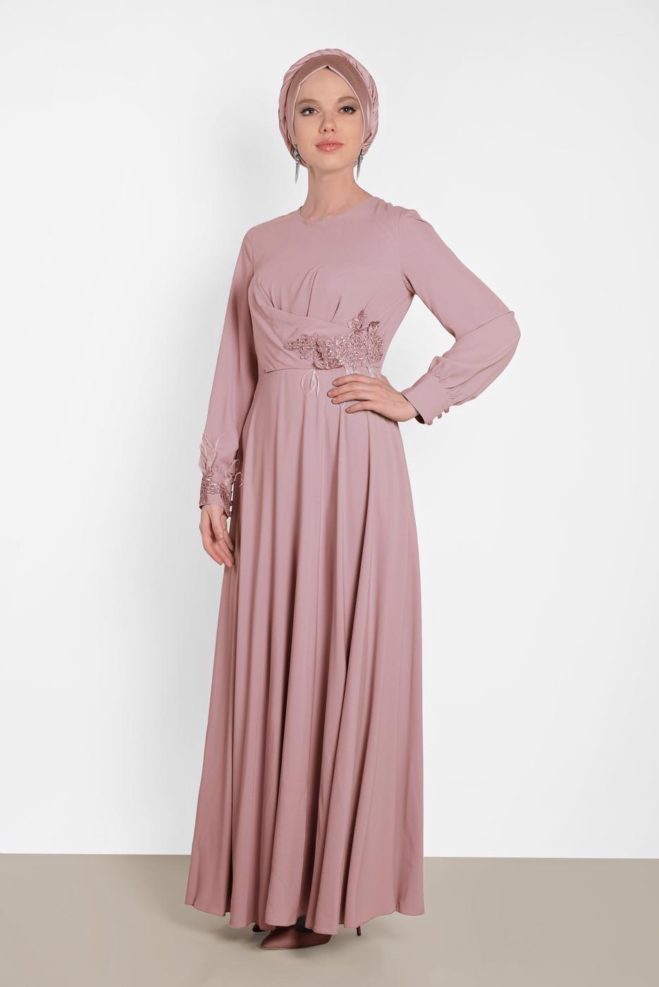 Tesettür giyim PUDRA NAKIŞ DETAYLI ELBİSE T 4433