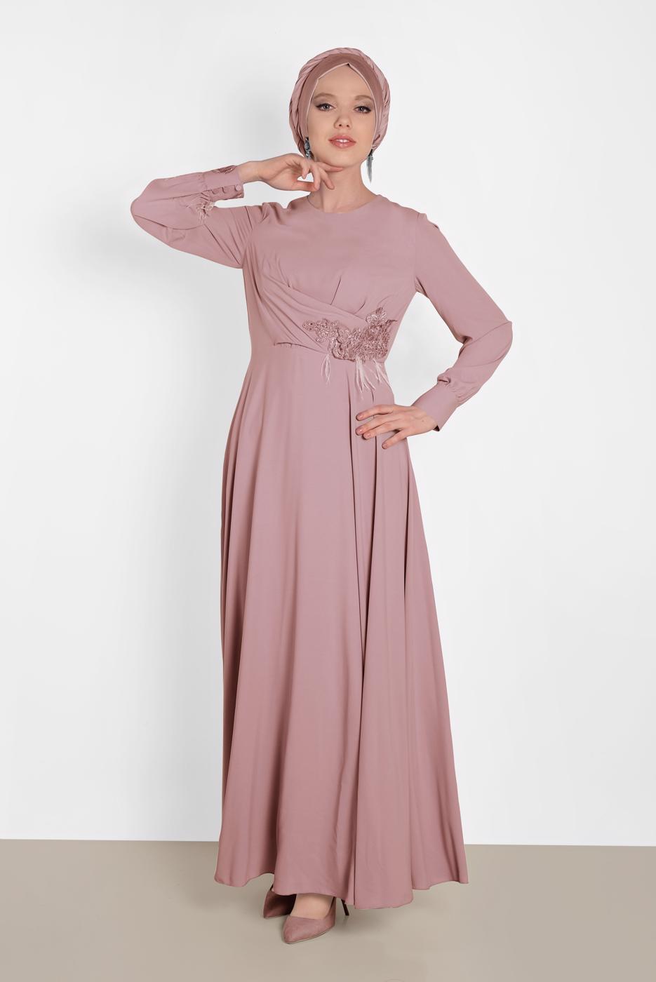 Tesettür giyim PUDRA NAKIŞ DETAYLI ELBİSE T 4433