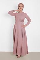 Tesettür giyim PUDRA NAKIŞ DETAYLI ELBİSE T 4433