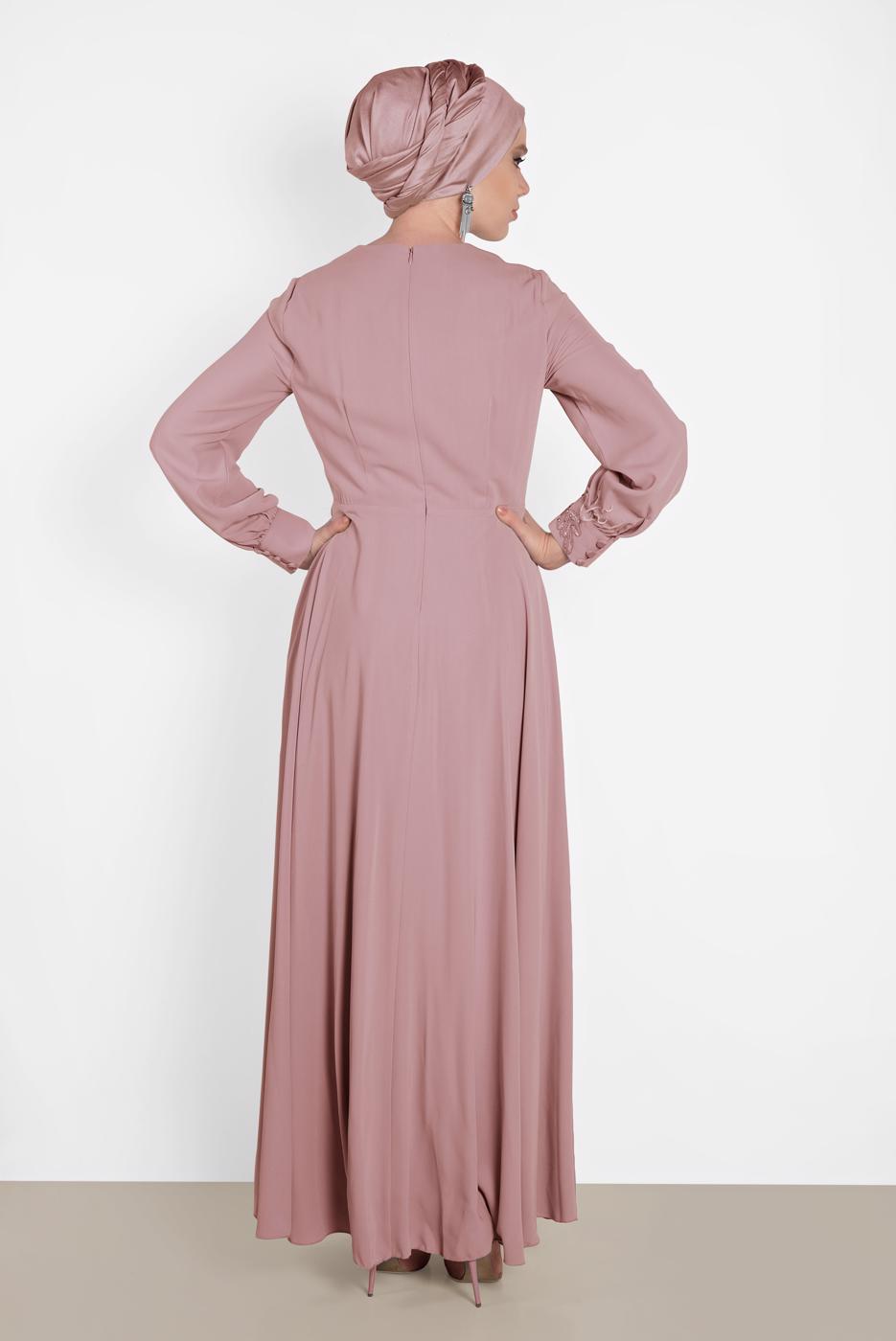 Tesettür giyim PUDRA NAKIŞ DETAYLI ELBİSE T 4433