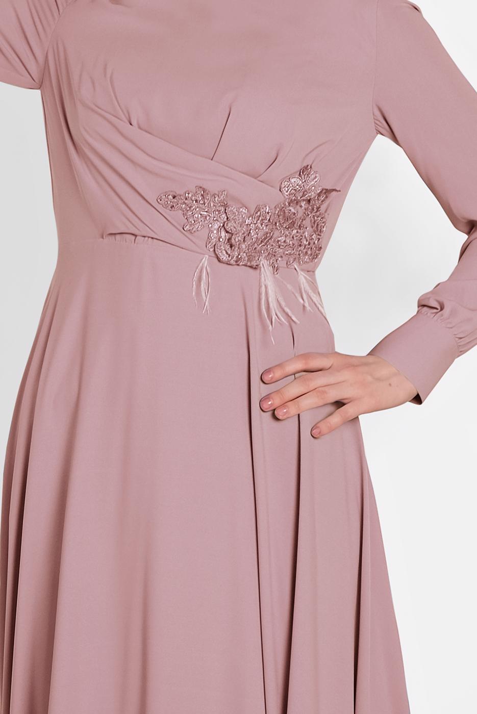 Tesettür giyim PUDRA NAKIŞ DETAYLI ELBİSE T 4433